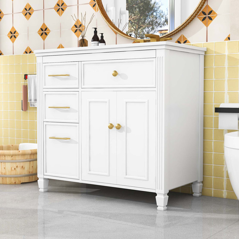 Meuble-lavabo avec lavabo en céramique, 3 tiroirs latéraux et tablette réglable, Blanc
