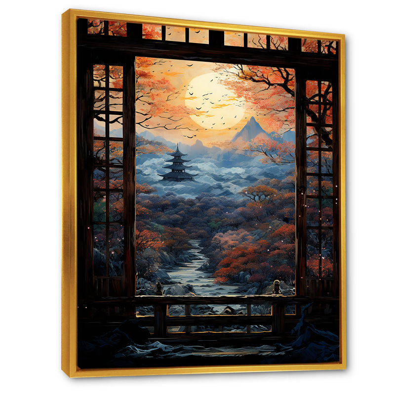 Art japonais, vue sur la montagne, art mural, Cadre flottant doré, H 32 po x l 16 po x P 1 po