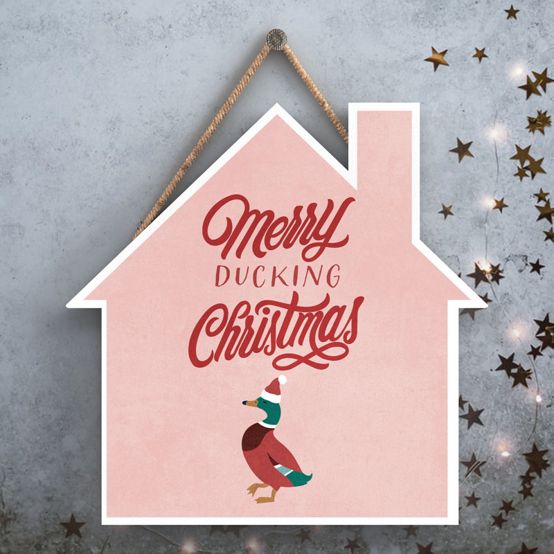 Xmas Merry Ducking Christmas Wooden House Plaque, 9.9cm H x 9.9cm W x 0.5cm D