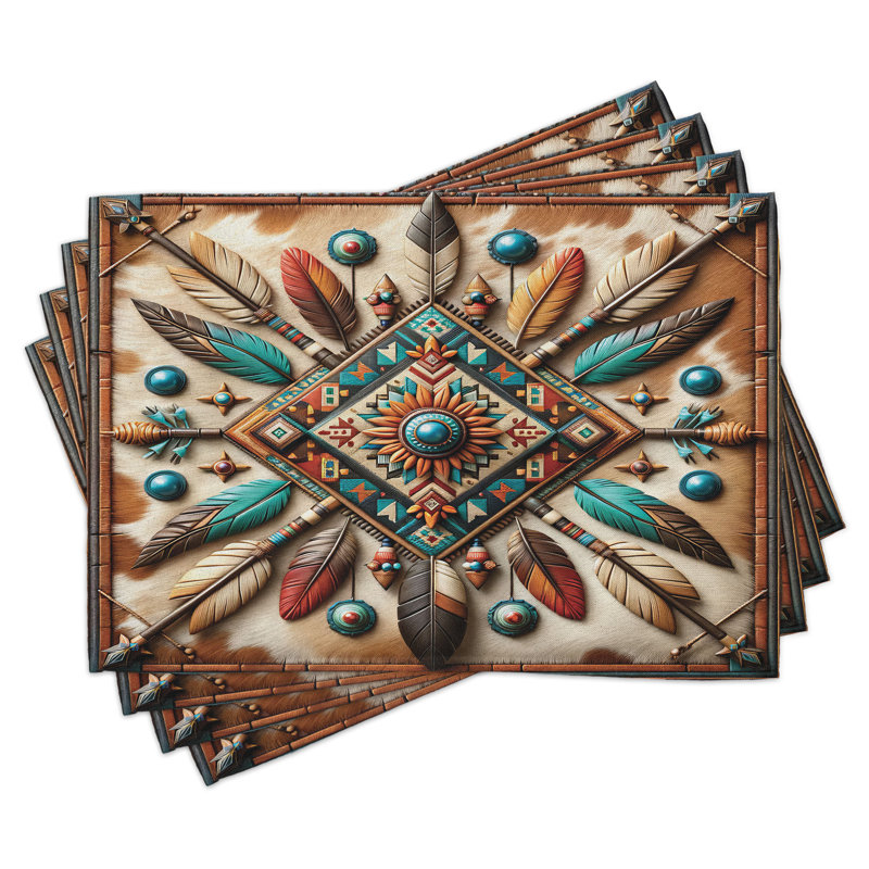 Southwestern Turquoise Cocoa and Redbrown Polyester Rectangle Placemats Set