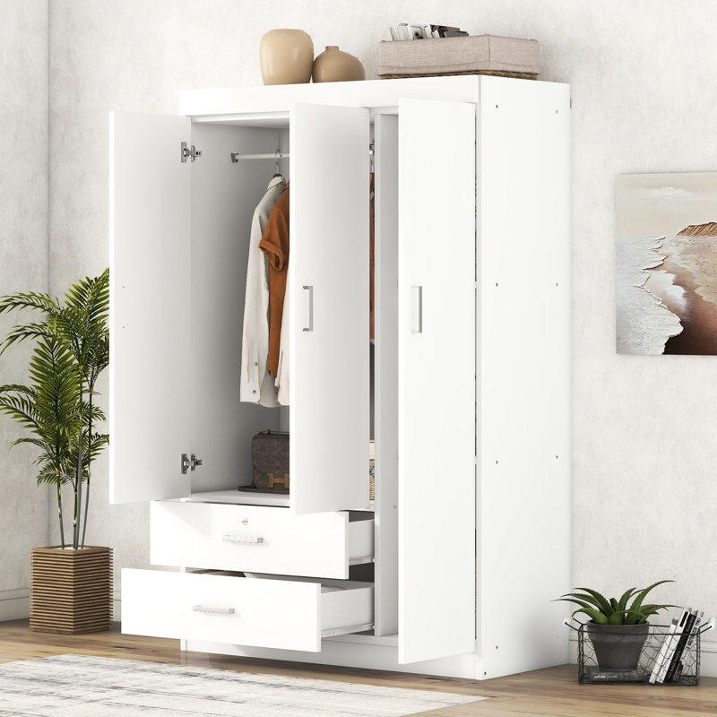 Garde-robe à 3 portes avec 2 tiroirs, blanc - Unité de rangement pratique, Blanc