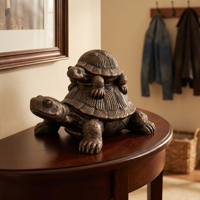 Statue de tortues empilées en bronze vintage de 48 cm (19 pouces), sculpture en résine représentant une mère et son bébé tortues, style rustique, idéale pour une table, une étagère, une entrée ou une décoration intérieure. Résistante aux intempéries, elle peut servir de figurine pour le jardin, la pelouse ou la terrasse. Un cadeau parfait pour les amoureux de la nature.