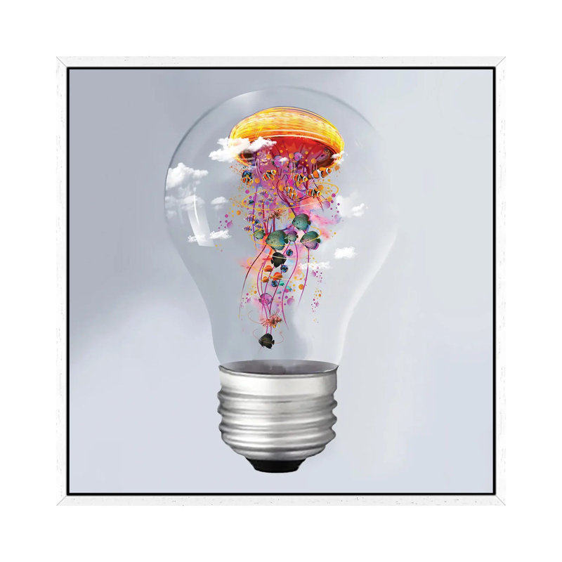 Electric Jellyfish In A Lightbulb by David Loblaw - Print on Canvas, 66.04 cm H x 66.04 cm W, White Framed