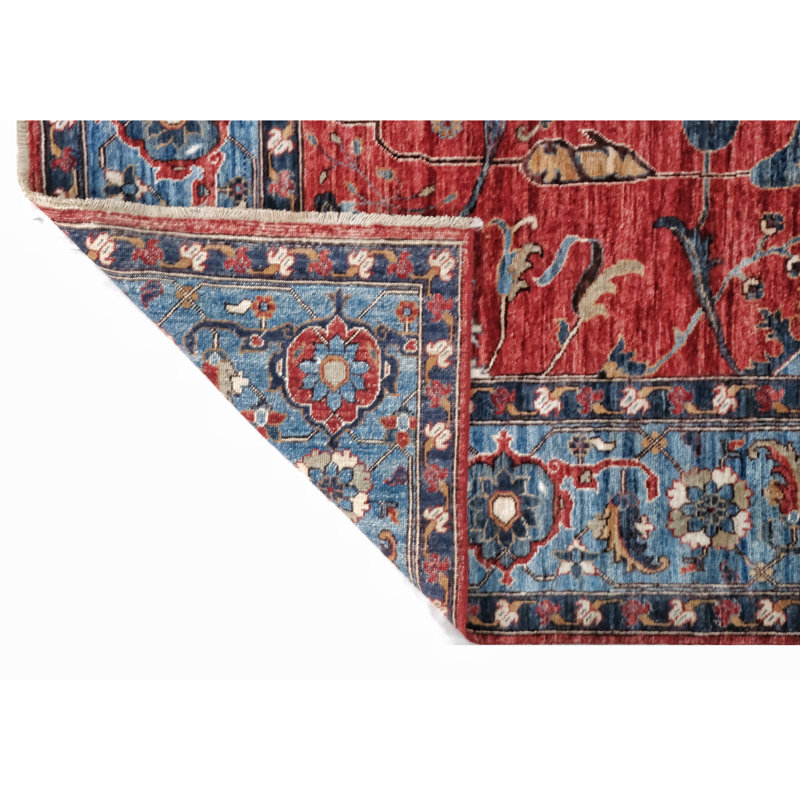 Tapis rouge et bleu noué à la main de haute qualité