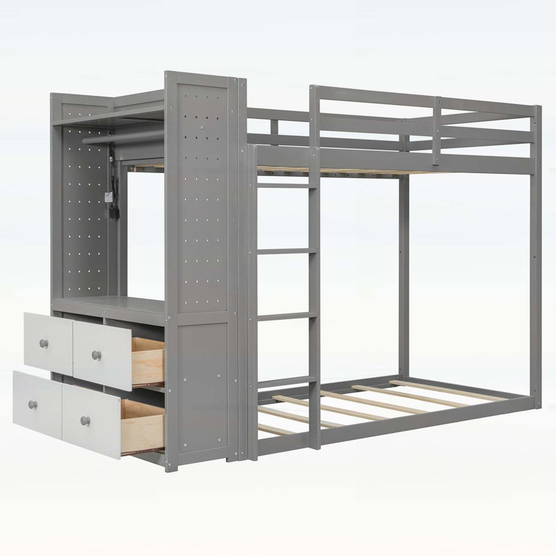 Lit superposé simple avec rangement, rail de suspension, bande lumineuse, tablettes et panneaux perforés doubles en 3 couleurs