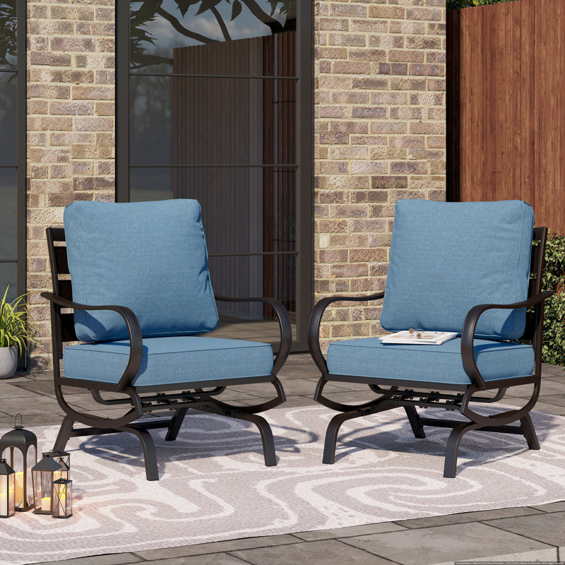 Argirios Metal Patio Rocking Lounge Chair with Cushions (Set of 2), Denim Blue
