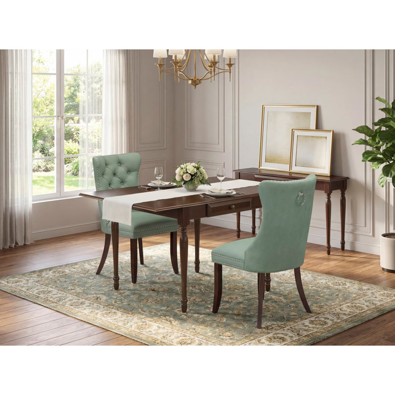 L'ensemble de 3 tables de salle à manger modernes comprend une table de cuisine rectangulaire avec Dropleaf et 2 chaises Parson, acajou