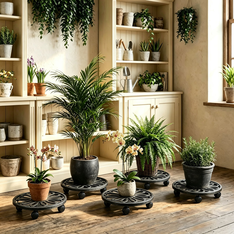 Support à plantes robuste en fonte, 30 cm, avec roulettes verrouillables (lot de 4), couleur cuivre noir., Noir cuivre
