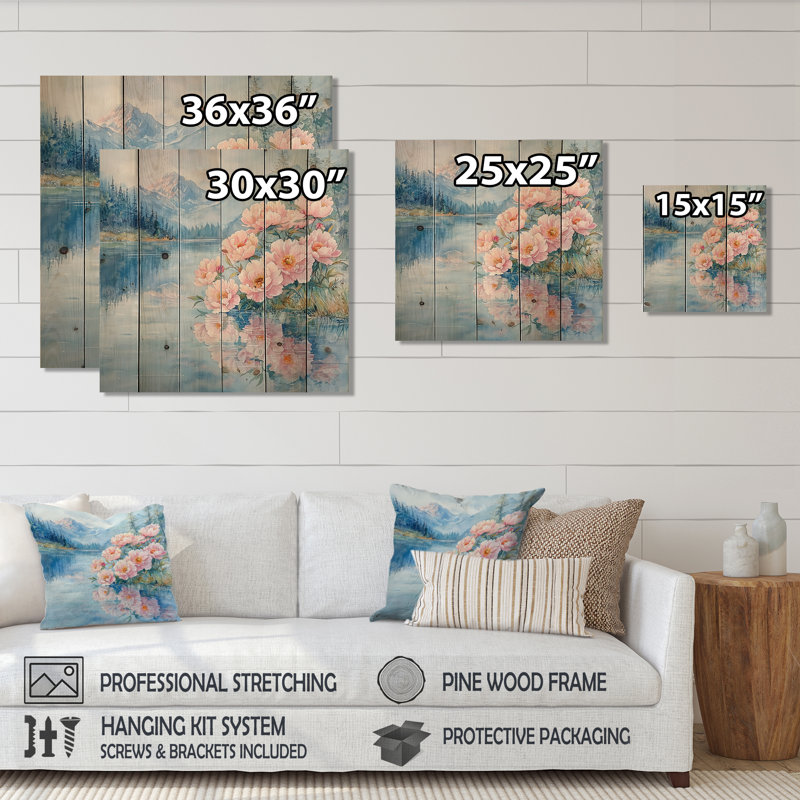 Pivoines près du ruisseau I - reproduction de bois de pivoines - sur bois de pin naturel, H 36 po x l 36 po x P 0,78 po