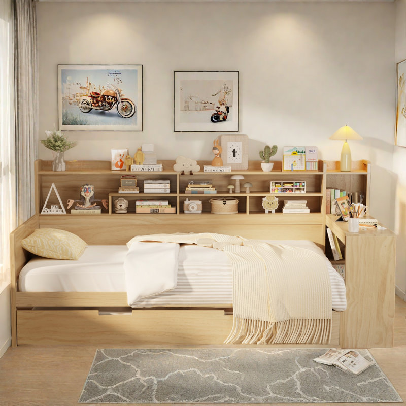 Multifunctional Wooden Daybed With Storage Shelves, Study Desk And Trundle, Natural, Twin