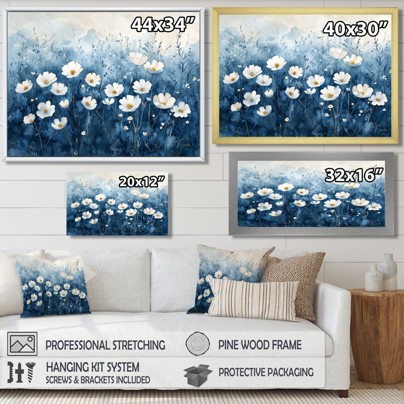 «Illiam Field of Blues Watercolor Wildflowers I» - Art mural fleurs sauvages, H 16 po x l 32 po, Or