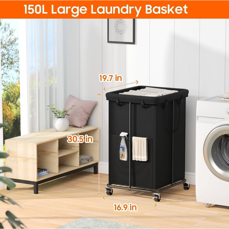 Panier à linge roulant 150L avec poignées, panier à linge sur roulettes, noir, Noir