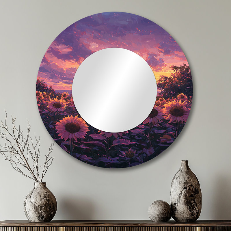 Twilight Sunflower Field At Sunset - Art décoratif miroir tournesols - imprimé sur métal, 29 po x 29 po