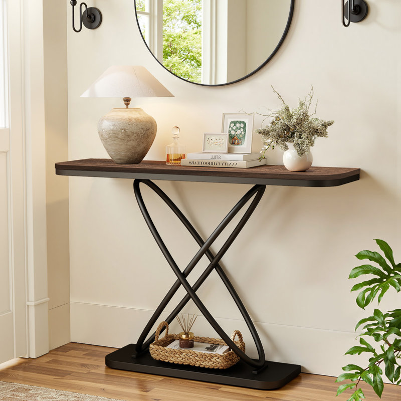 47.4" Rectangular Console Table with Wooden Top and Metal Frame, Walnut Brown