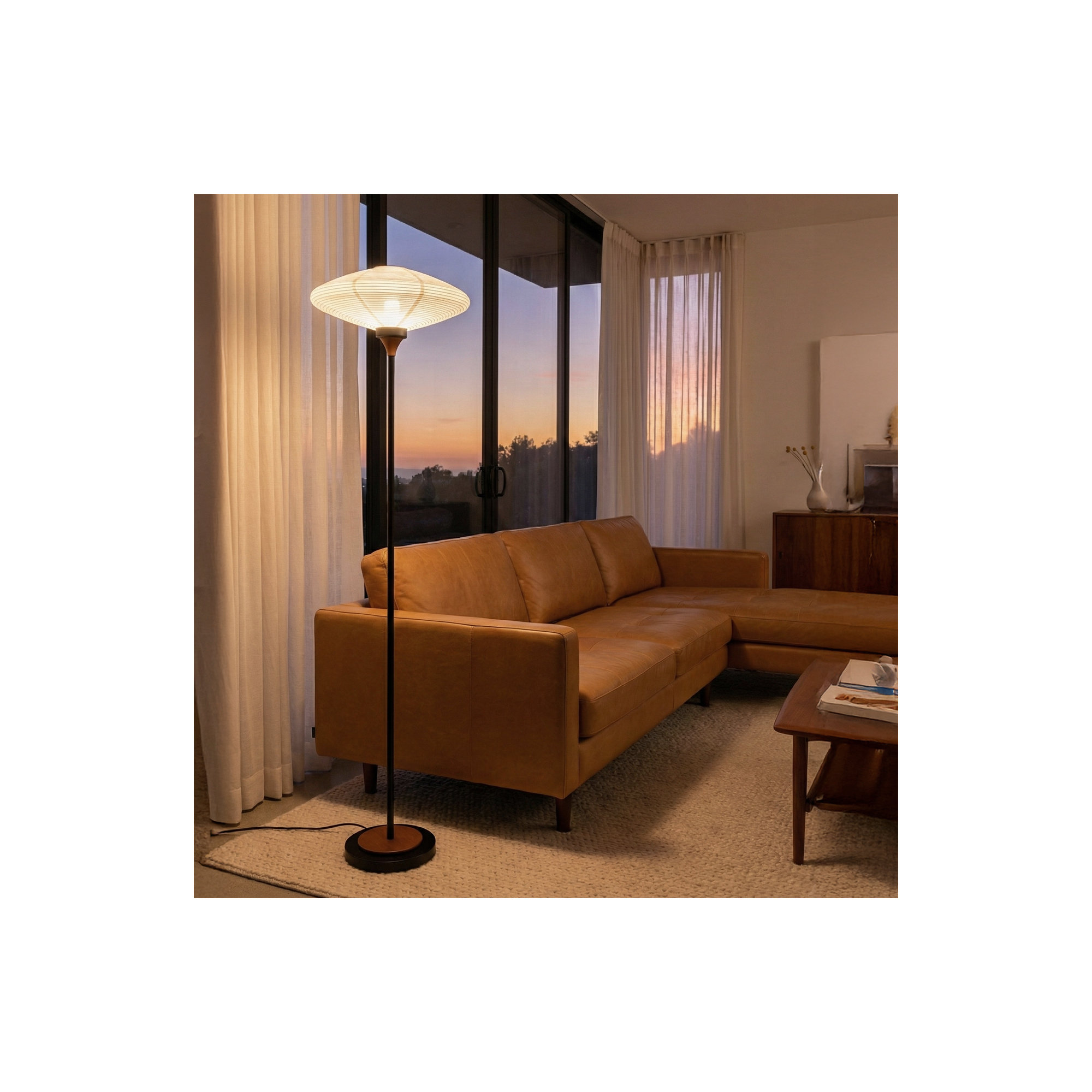 Roswell Torchiere Floor Lamp - Matte Black, Walnut, Washi Linen Shade, Black Marble Base, Dimmer Switch
