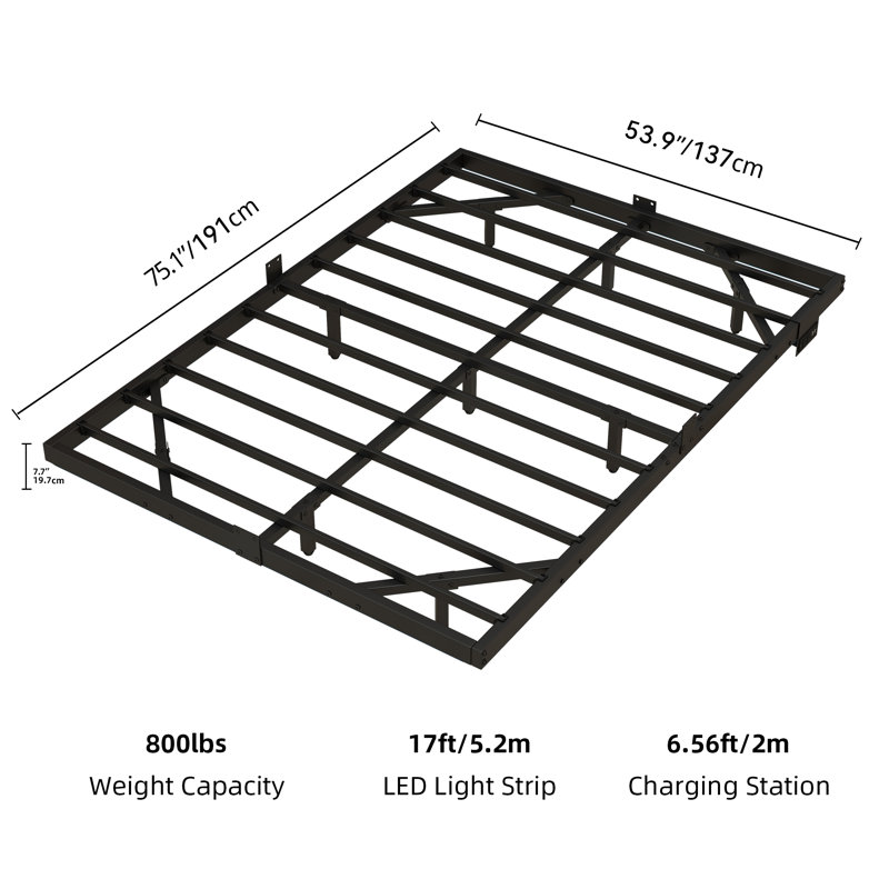Floating Metal Bed Frame with LED Lights and Charging Station, Full