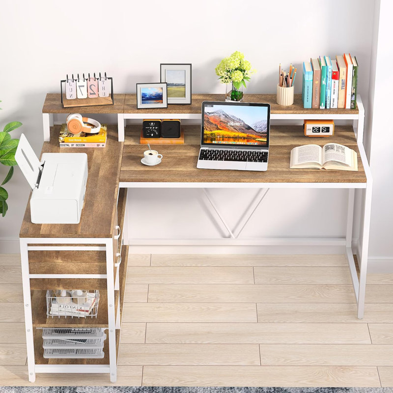 55-Inch L-Shaped Home Office Desk With Monitor Riser, Drawers, And Storage Shelves, Corner Computer Desk For Small Spaces, Farmhouse Writing Table, Beige & White Finish