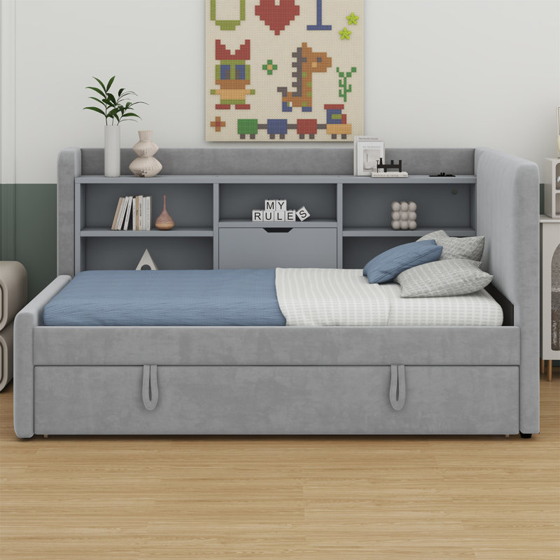 Lit de jour rembourré avec lit gigogne, tablettes de rangement, port USB et prise de courant, Beige