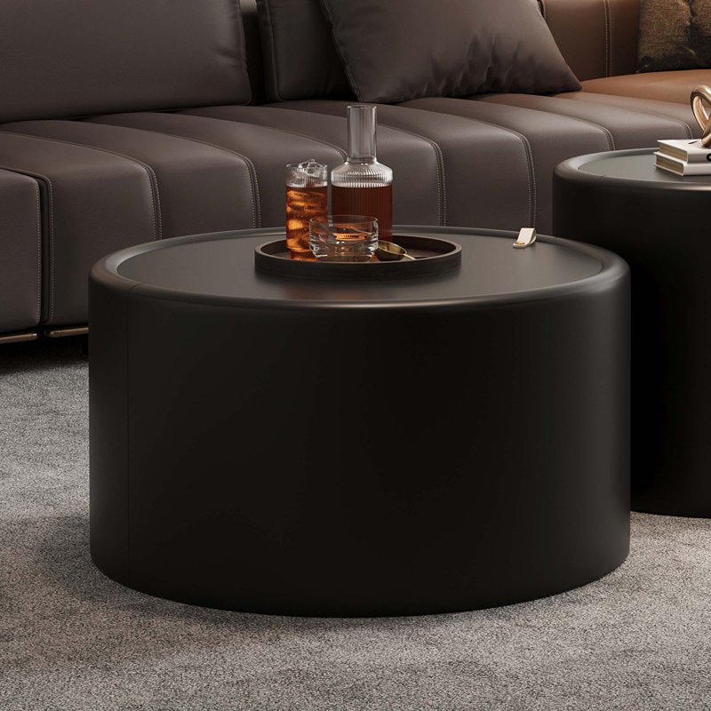 Table basse ronde moderne avec plateau en verre trempé et rangement caché, Black