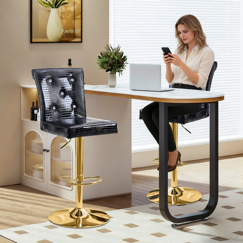 Vintage Faux Leather Bar Stools Set of 2, Adjustable Height Swivel with Crystal Clasp, Black Seat/ Gold Frame
