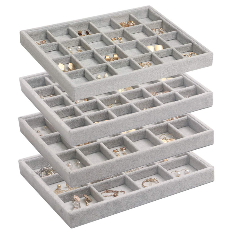 Ensemble de 4 plateaux de rangement en velours empilables, boîte de rangement pour bijoux