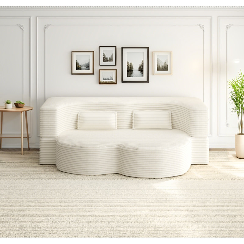Canapé-lit pliant moderne double en velours côtelé avec 2 coussins gratuits, aucun assemblage requis, Beige