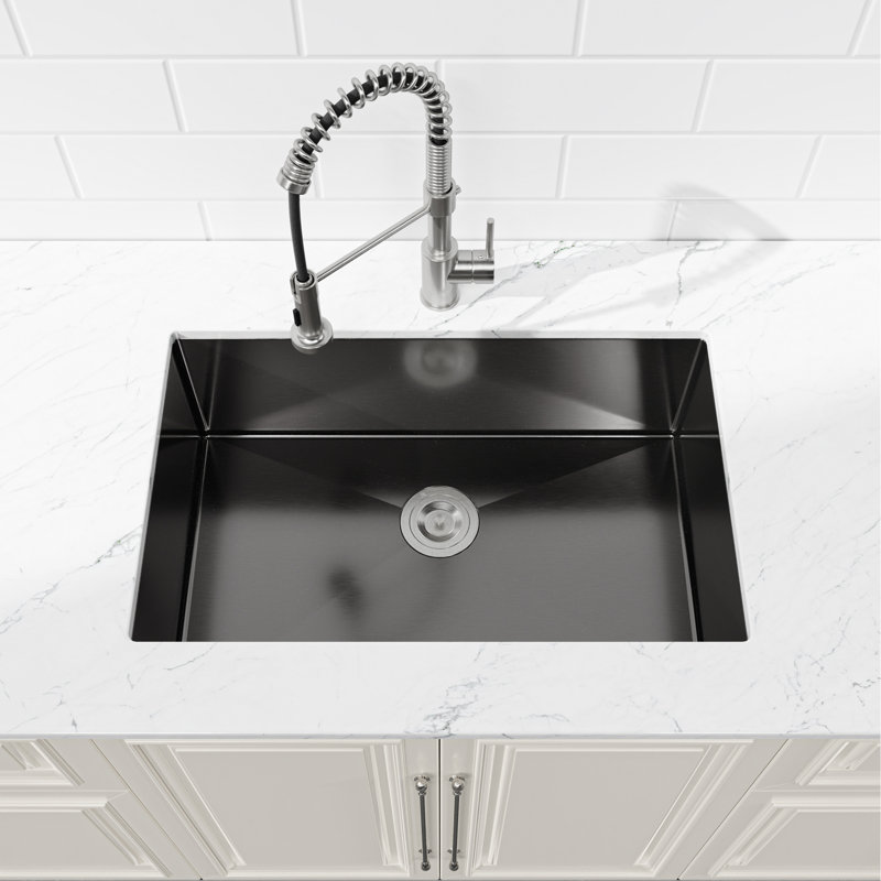 Évier de cuisine en acier inoxydable, cuve simple 30 po x 19 po, encastré à la main en noir, avec bonde et crochet standards américains