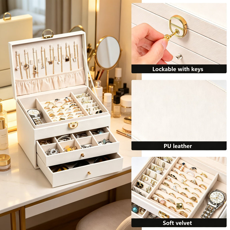 Boîte à bijoux, présentoir de rangement en cuir pour femme à 3 couches, organisateur de bagues à boucles d'oreille à 2 tiroirs de grande capacité, boîte-cadeau, blanc