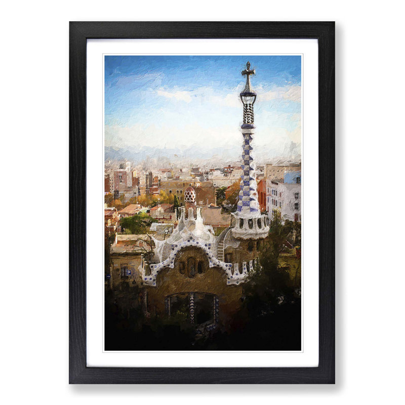 Parc Guell in Barcelona Spain - Picture Frame Painting Print on MDF, 65cm H x 48cm W x 2cm D, Black Framed