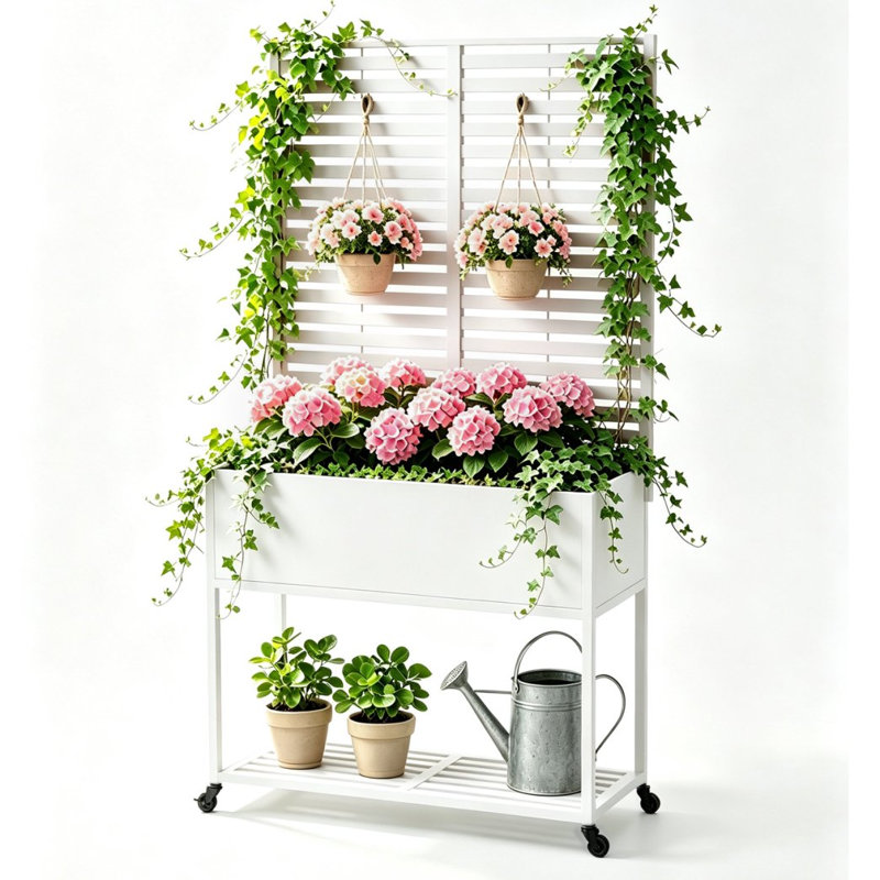 Jardinière d'extérieur en métal avec treillis inférieur et roues, White