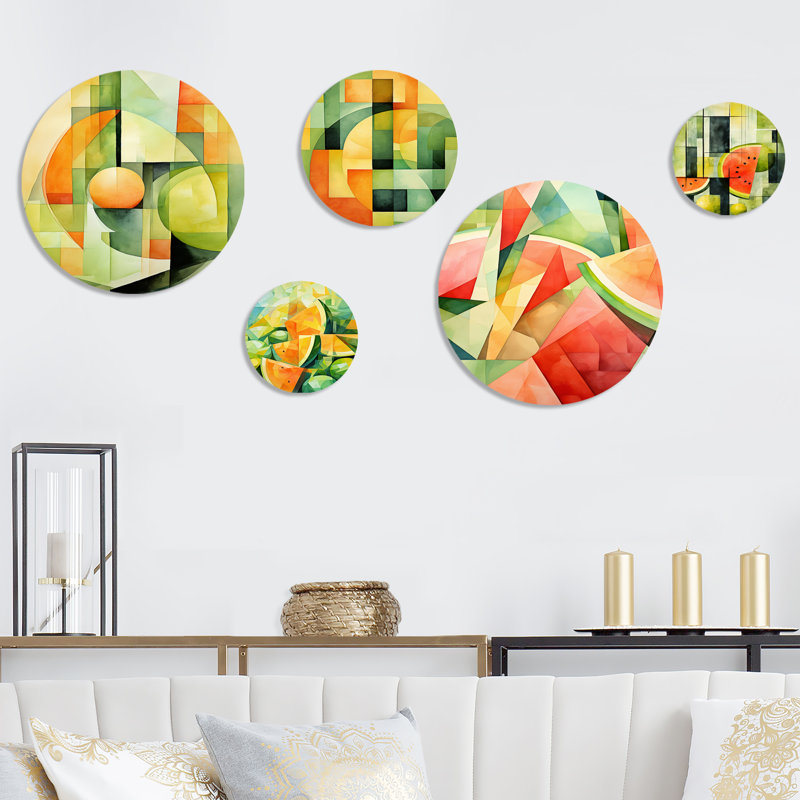 Ensemble de 5 pièces d'art mural en métal vert et jaune motif melon d'eau 3