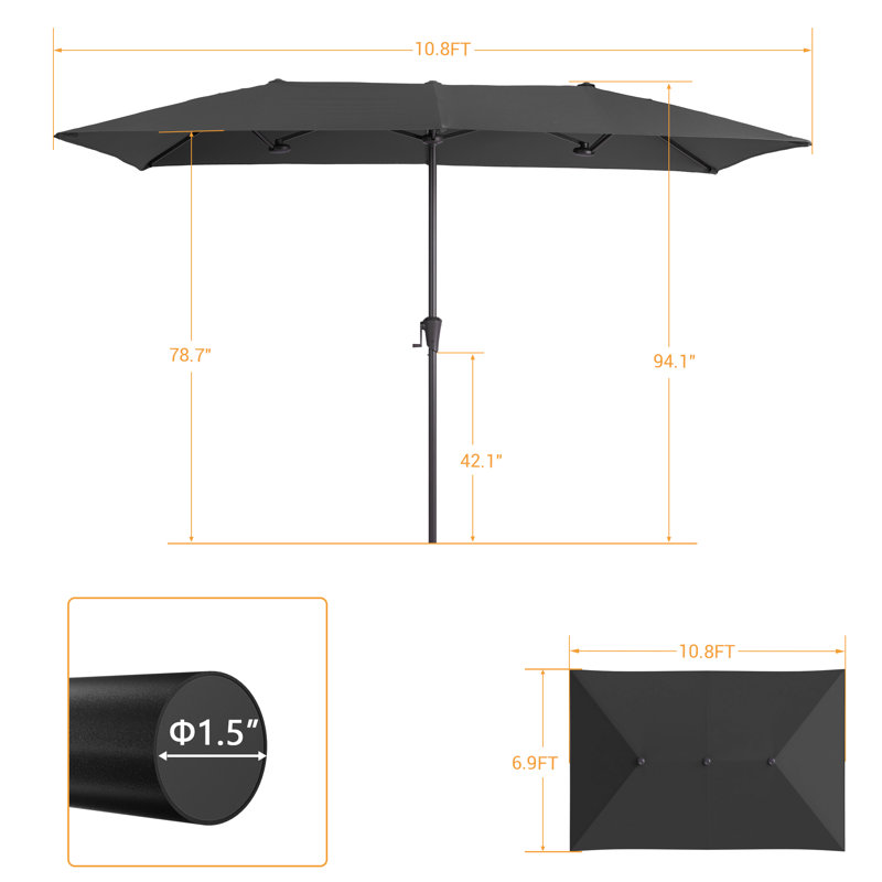 11x7Ft Double-Sided Patio Umbrella with Large Canopy, Black
