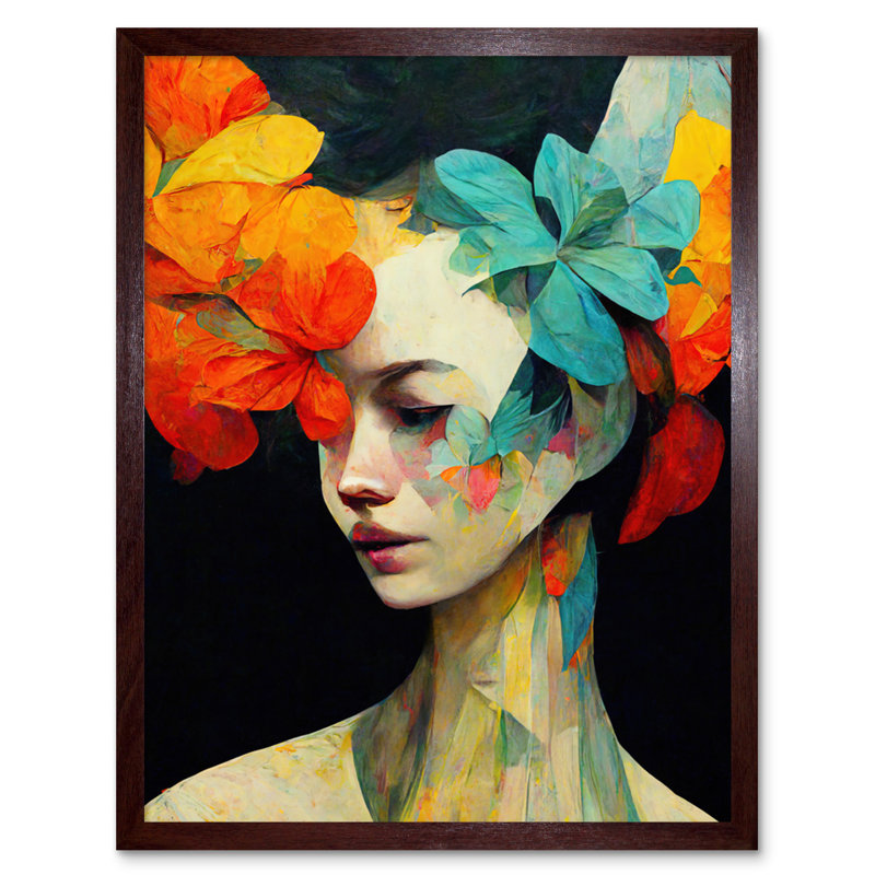 Floral Feminine Portrait Abstract Style - Print, Brown Framed Paper, 25.9cm H x 20.6cm W