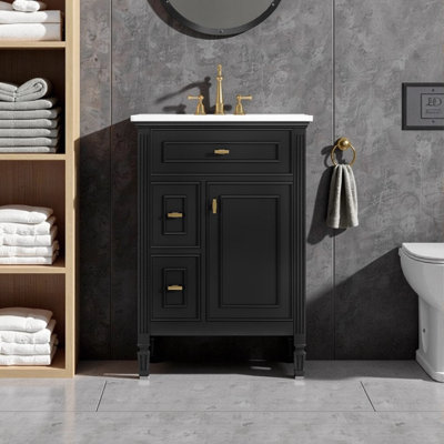 24-Inch Black Bathroom Vanity with Ceramic Sink, Solid Wood & MDF Cabinet with Flip Drawer, Adjustable Shelf, and Freestanding Design for Modern Bathroom Storage