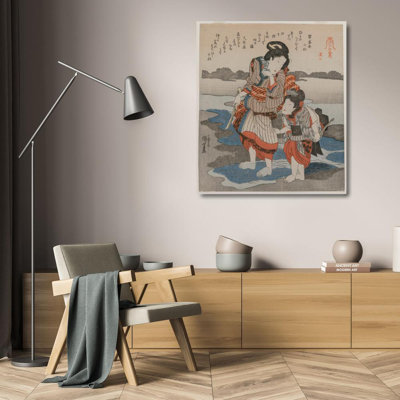 "Femme et enfant; de la série cinq images de marée basse" par Utagawa Kuniyoshi - Art mural sur toile tendue avec châssis
