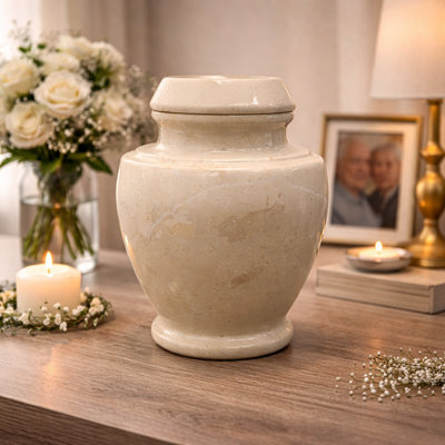 Decorative Marble Cremation Urn For Adults, Beige Marbled Pattern, Large Capacity