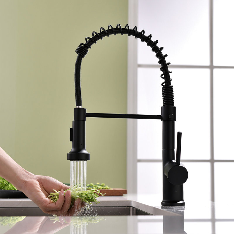 Robinet de cuisine noir avec douchette rétractable, construction, surface facile à nettoyer en noir mat, matériau en laiton, corrosion et taches