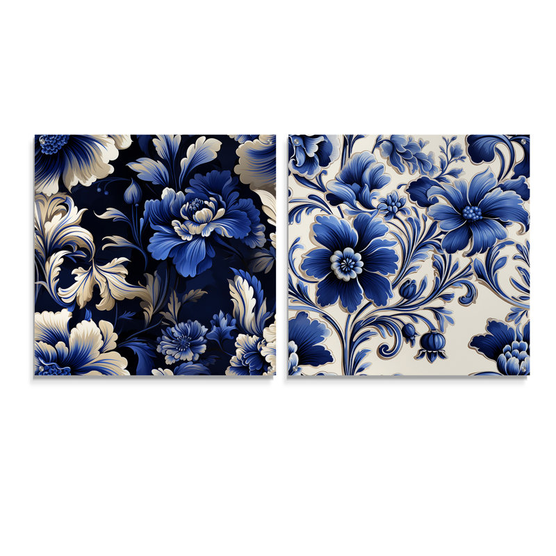 Cobalt bleu victorien néo-gothique motif victorien I - ensemble d'art mural en acrylique floral sur verre, H 36 po x l 73 po