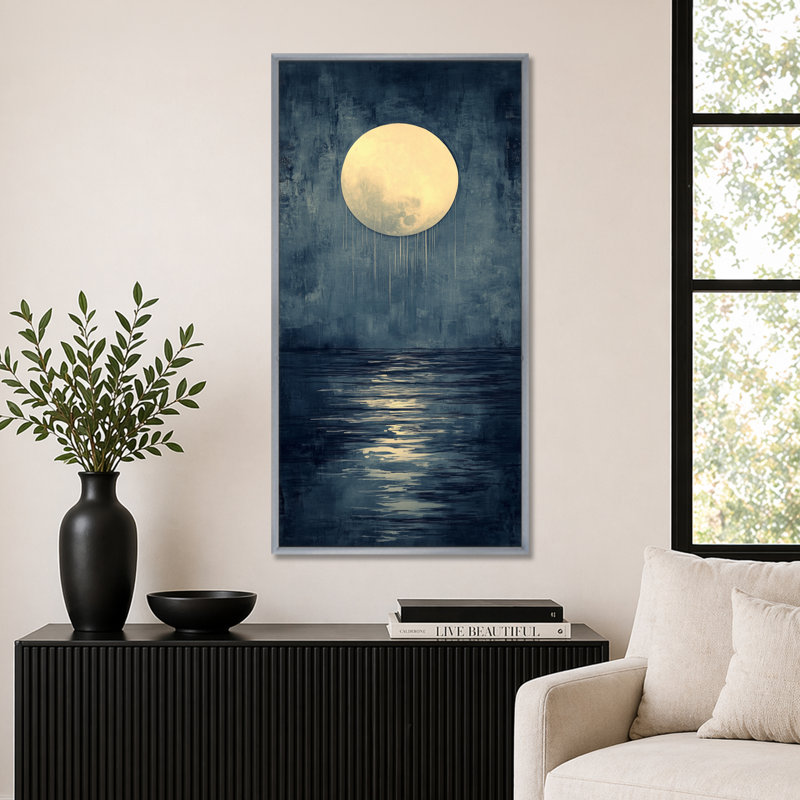 Bleu, jaune, jaune, lune, sur un lac audacieux, décor encadré, décoration murale dramatique, H 32 po x l 16 po