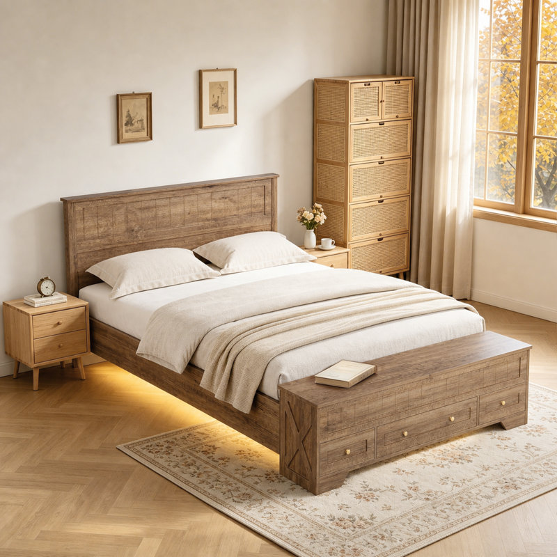 Structure de lit moderne en bois avec rangement et bande lumineuse à DEL, lit plateforme avec tête de lit, lattes renforcées et pieds centraux, sans sommier