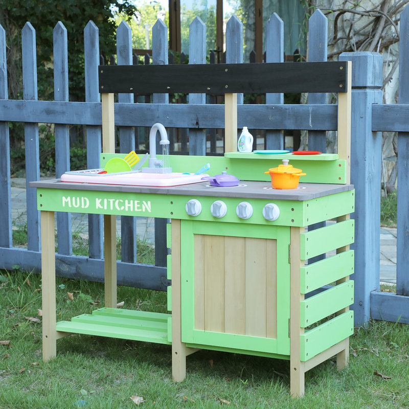 Kinsley Wood Mud Kitchen Outdoor Playset, Pretend Cooking & Water Play Toy Set with Storage Cabinet