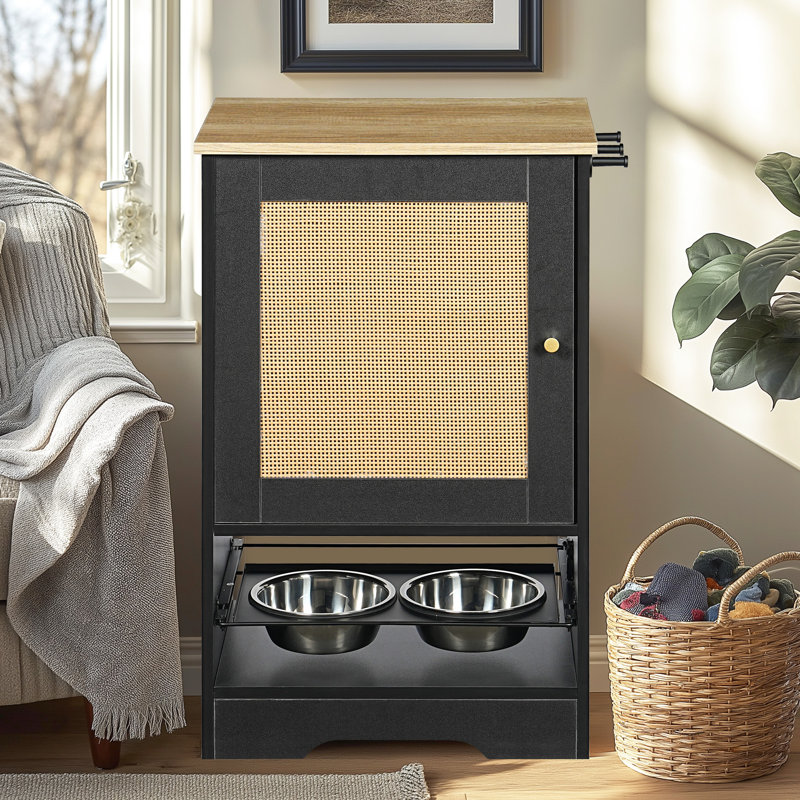 Mangeoire pour animaux avec bols surélevés et rangement - 1 armoire, noire, facile à assembler