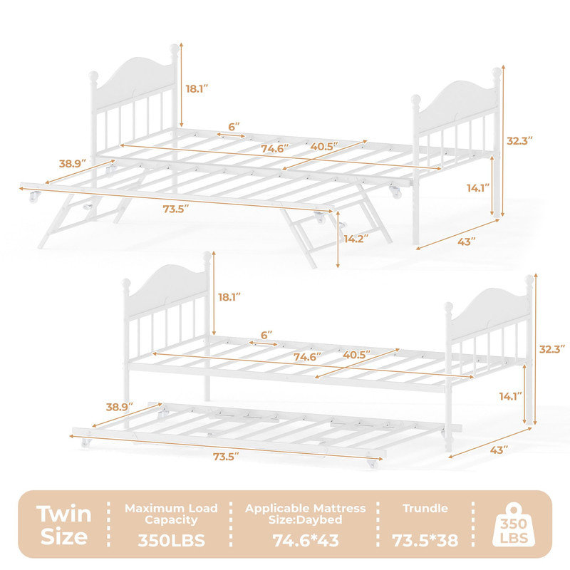Metal Daybed with Pop-Up Trundle and Lockable Casters, Space-Saving Sofa Bed Frame with Stylish Headboard, Twin, White, White