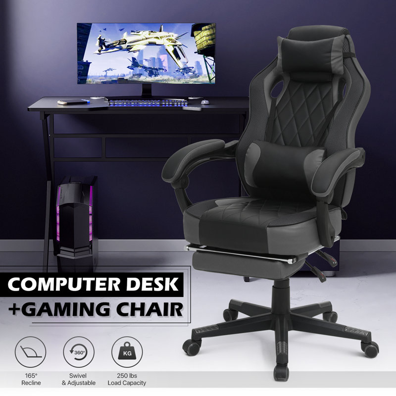 Bureau d'ordinateur et chaise de bureau rotative avec appui-tête, Gris/noir
