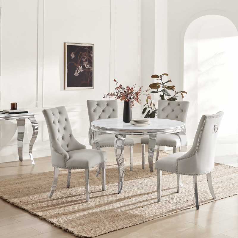 Bilche Round White Marble Glass & Metal Table With Eubanks Velvet Knockerback Dining Chairs, 4