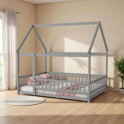 House Floor Wooden Bed With Roof Frame, Safety Guardrails