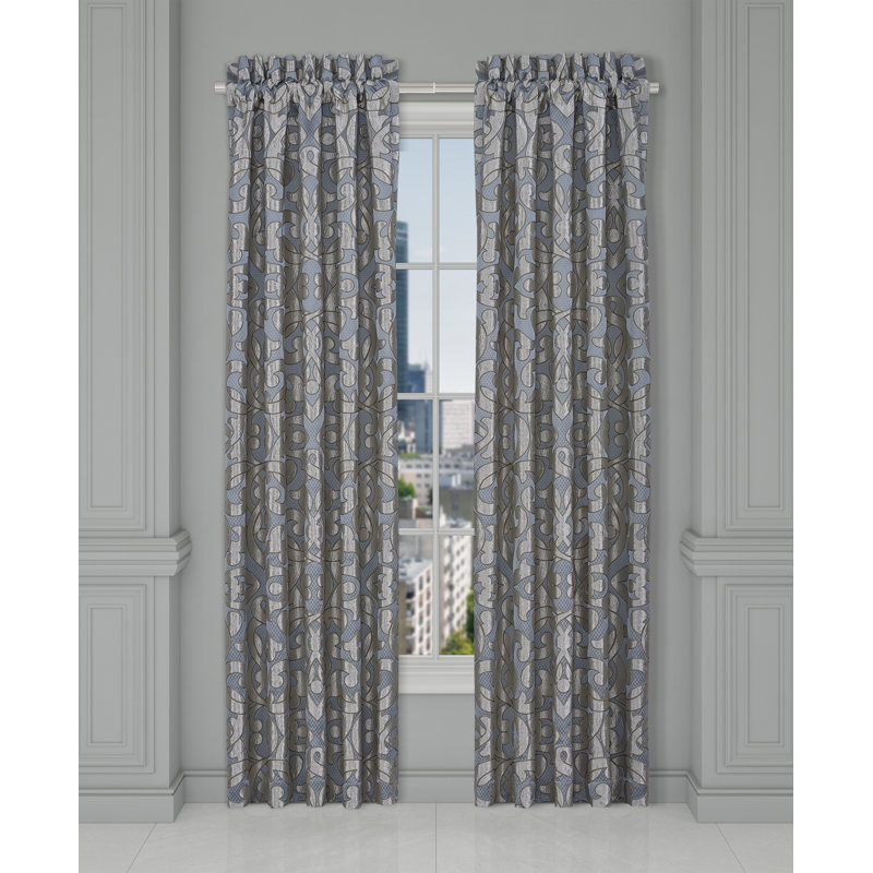 Gray and Silver Damask Room Darkening Polyester Window Drapes, 50" W x 84" L