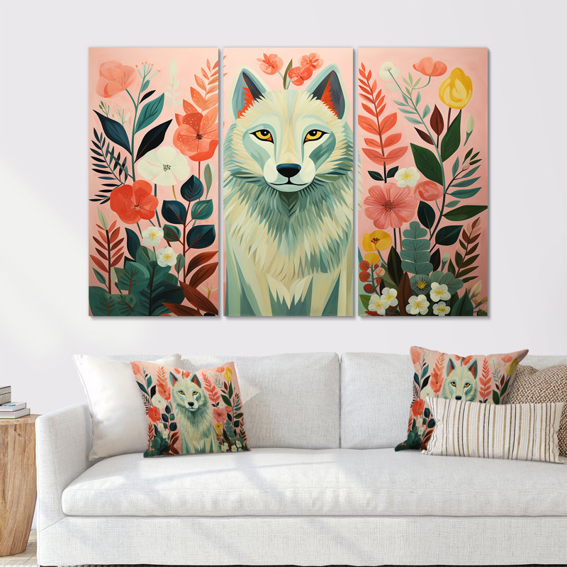 Portrait de loup bohémien rose et vert V - loup, art mural, Toile tendue, H 40 po x l 61 po