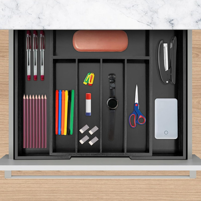 Natural 5 x 46 x 38 cm Bamboo Cutlery Organiser, Expandable Cutlery Tray for Drawer, Black