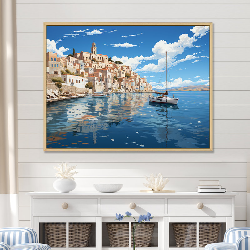 «Syros Serenityscape III - Port Landscape Coastal», art mural, Cadre flottant brun, H 16 po x l 32 po x P 1 po